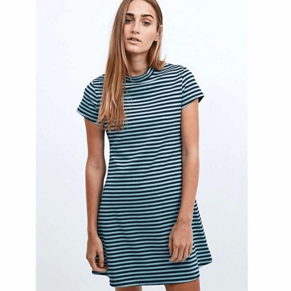 Free People FP Beach "On The Line" Ponte Mock Neck Mini Dress Striped Sz L GUC!!